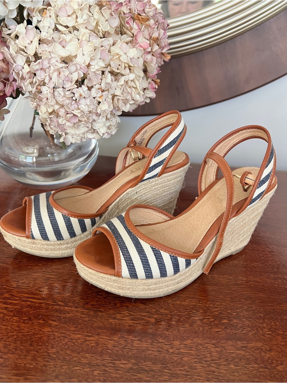Report denim blue and cream striped Espadrille Wedge Sandals -